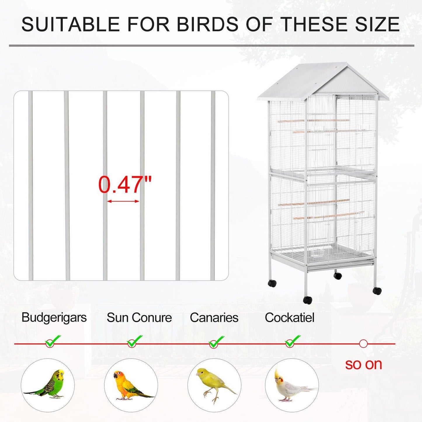 PawHut Rolling Metal Bird Cage with Stand - White - ALL4U RETAILER LTD