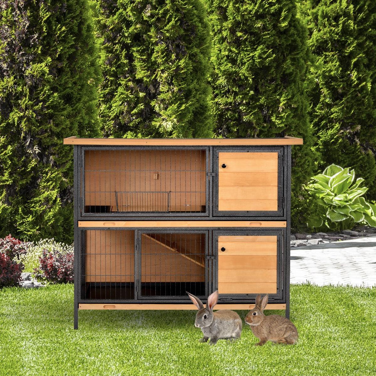 PawHut 2-Floor Rabbit Hutch with Metal Frame - ALL4U RETAILER LTD