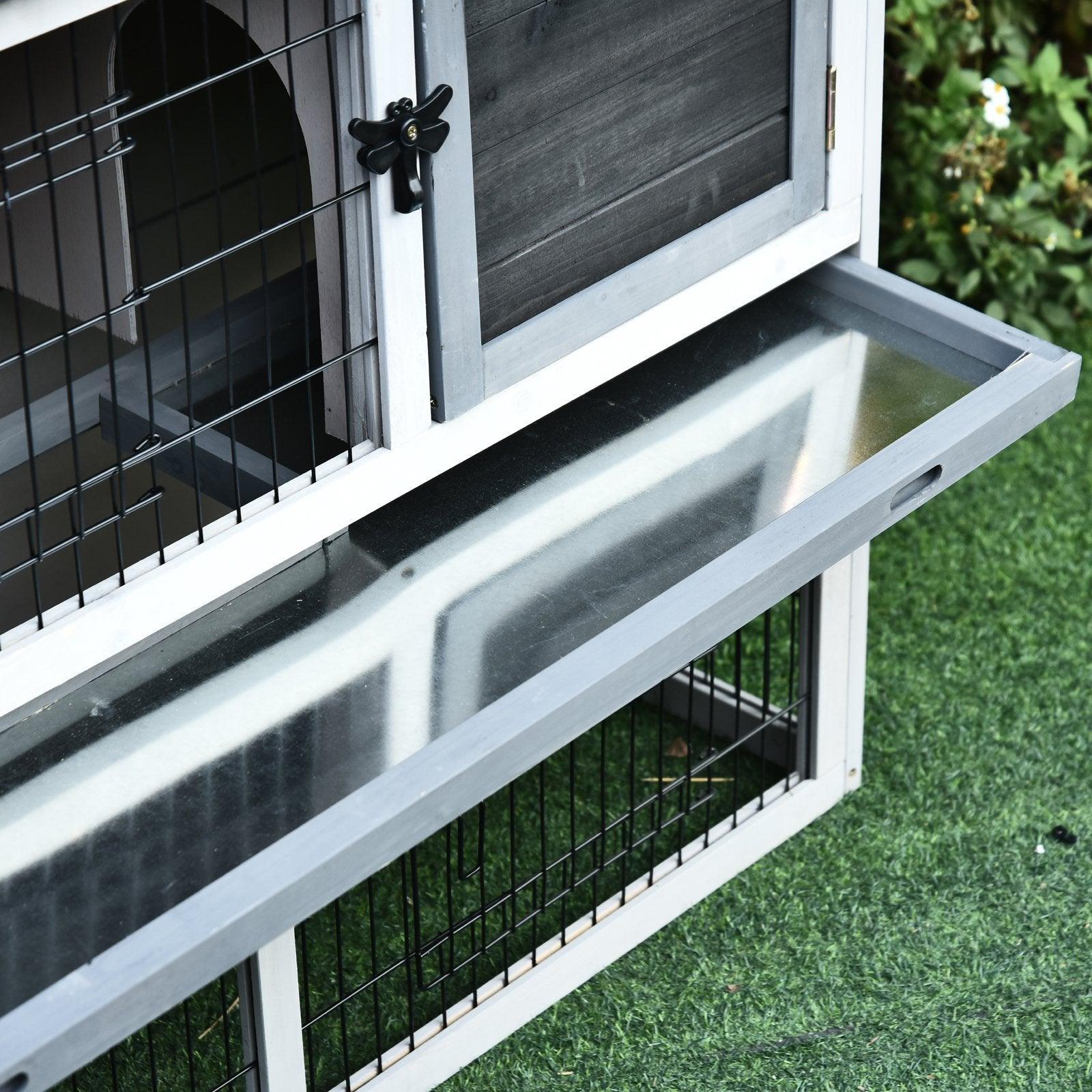 PawHut 2-Level Small Animal Hutch with Slide Tray - Grey - ALL4U RETAILER LTD