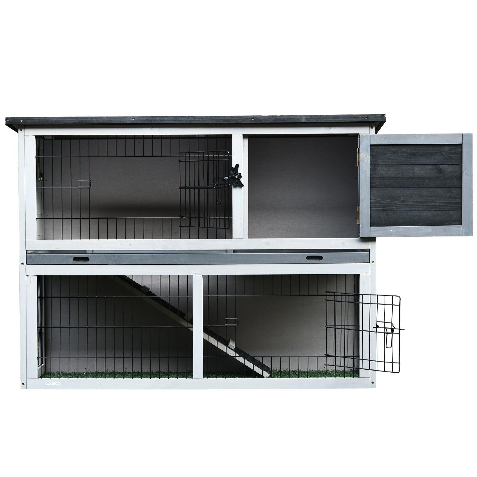 PawHut 2-Level Small Animal Hutch with Slide Tray - Grey - ALL4U RETAILER LTD