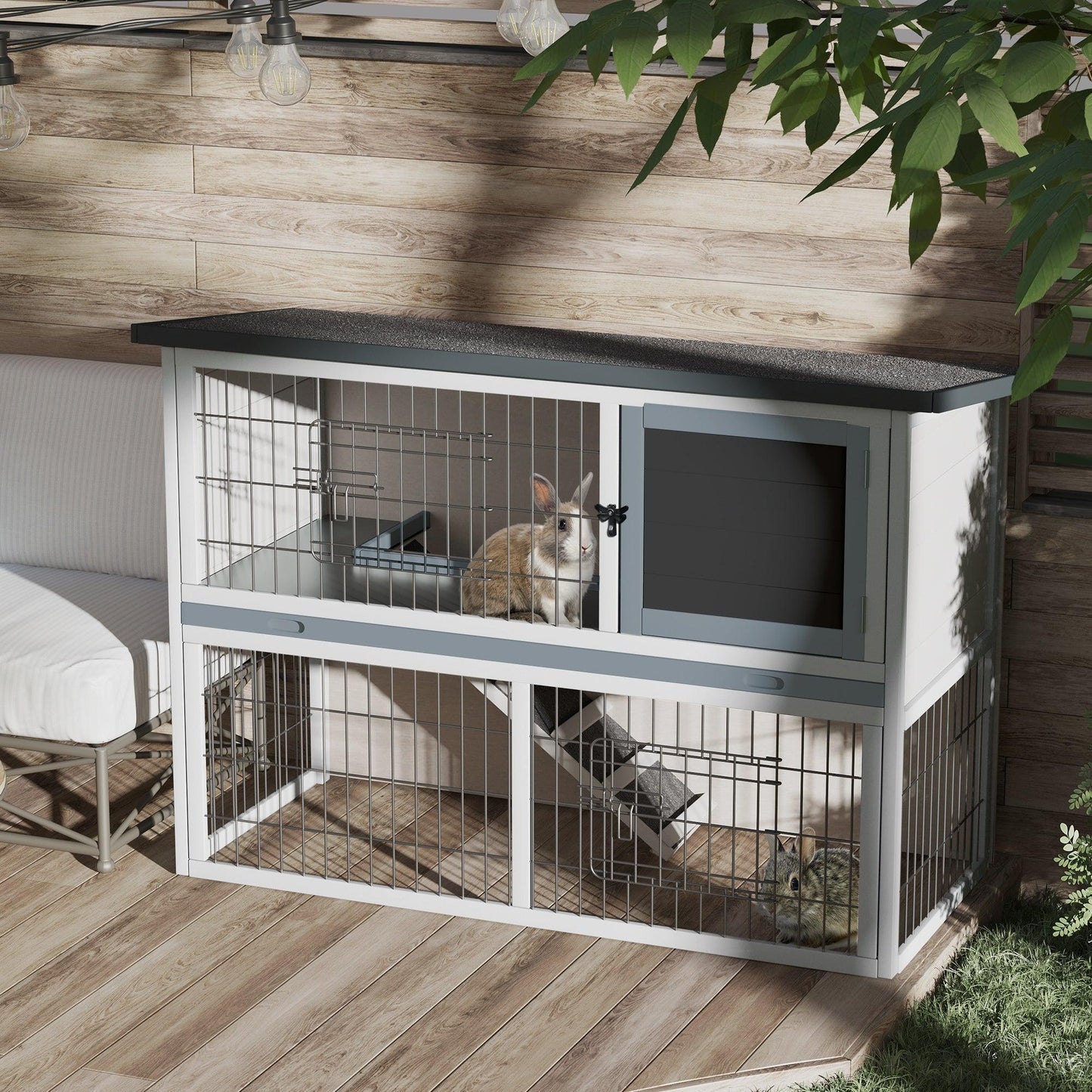 PawHut 2-Level Small Animal Hutch with Slide Tray - Grey - ALL4U RETAILER LTD