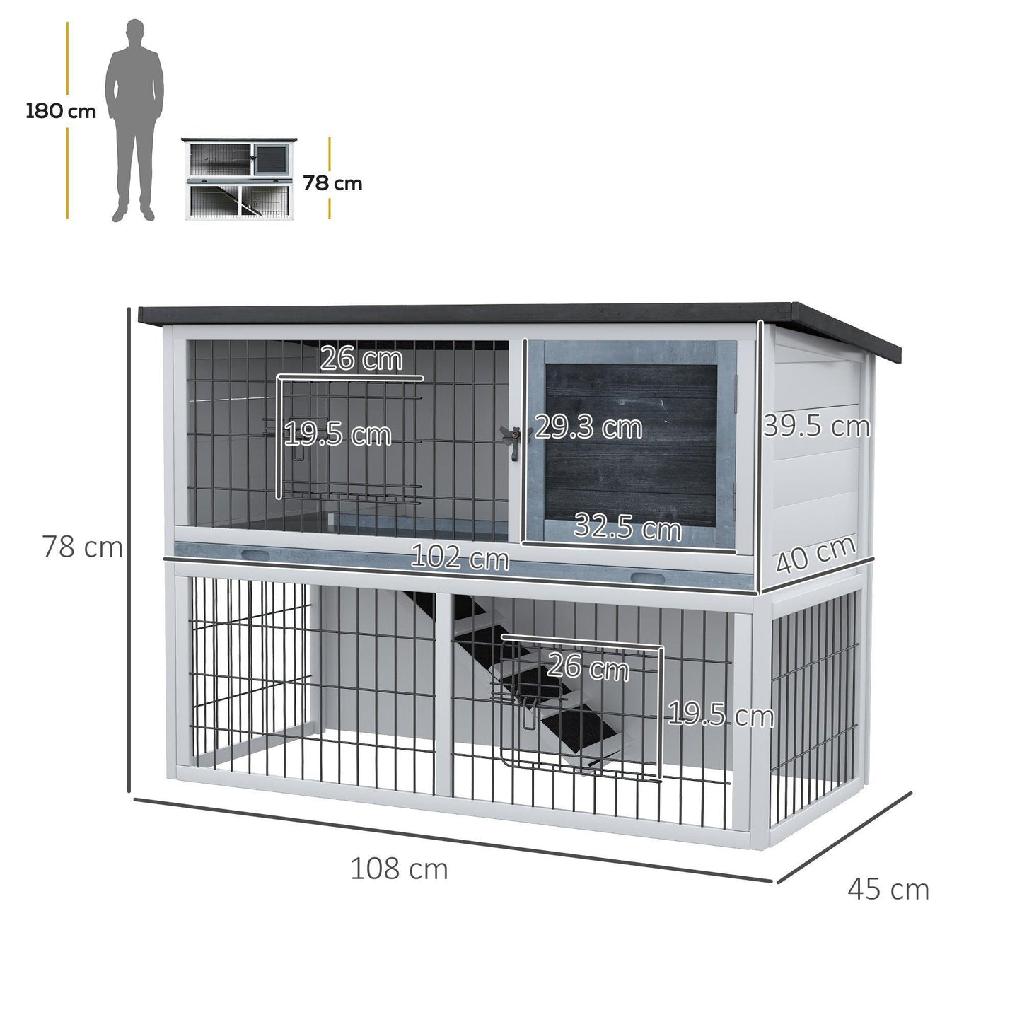 PawHut 2-Level Small Animal Hutch with Slide Tray - Grey - ALL4U RETAILER LTD