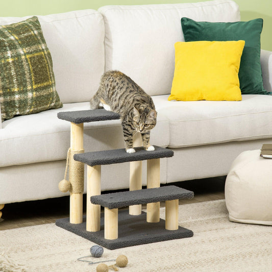 PawHut 3-Tier Cat Tree with Toy Ball - Grey - ALL4U RETAILER LTD