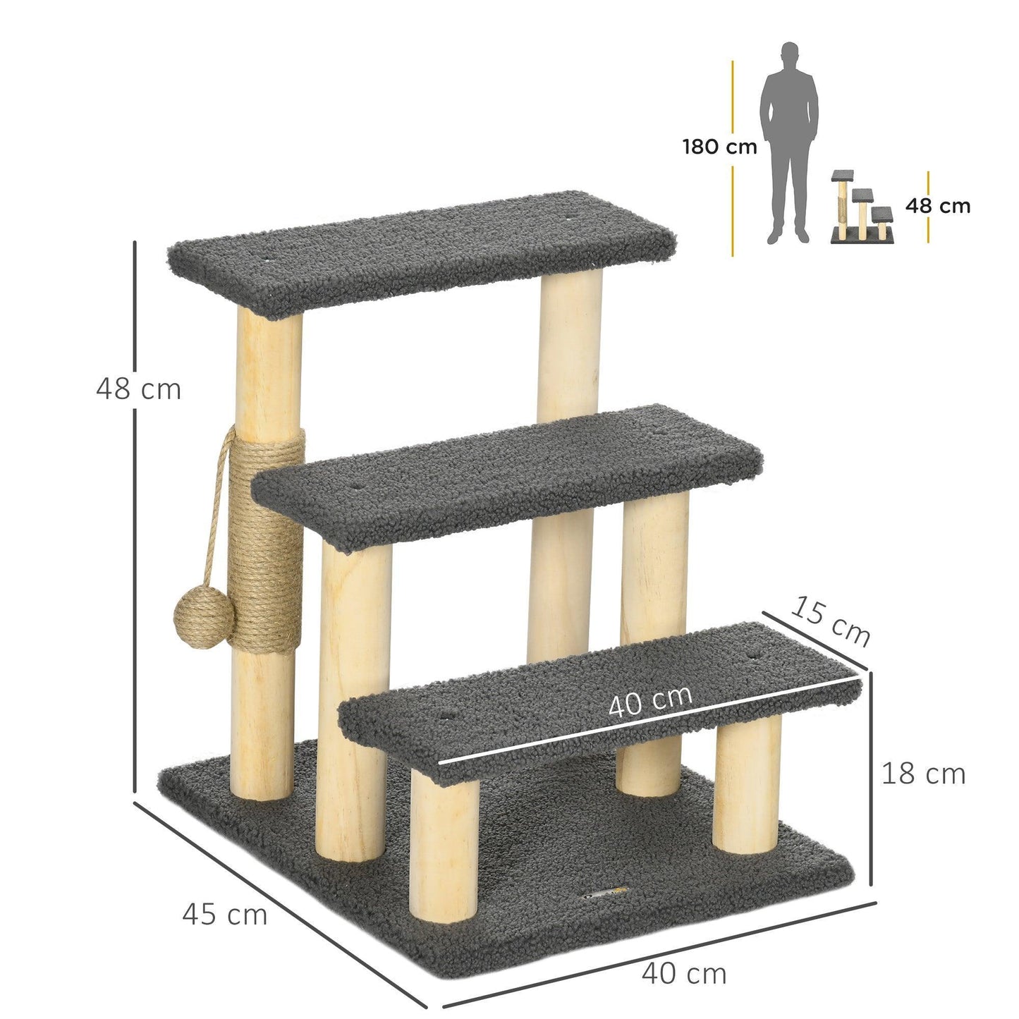 PawHut 3-Tier Cat Tree with Toy Ball - Grey - ALL4U RETAILER LTD