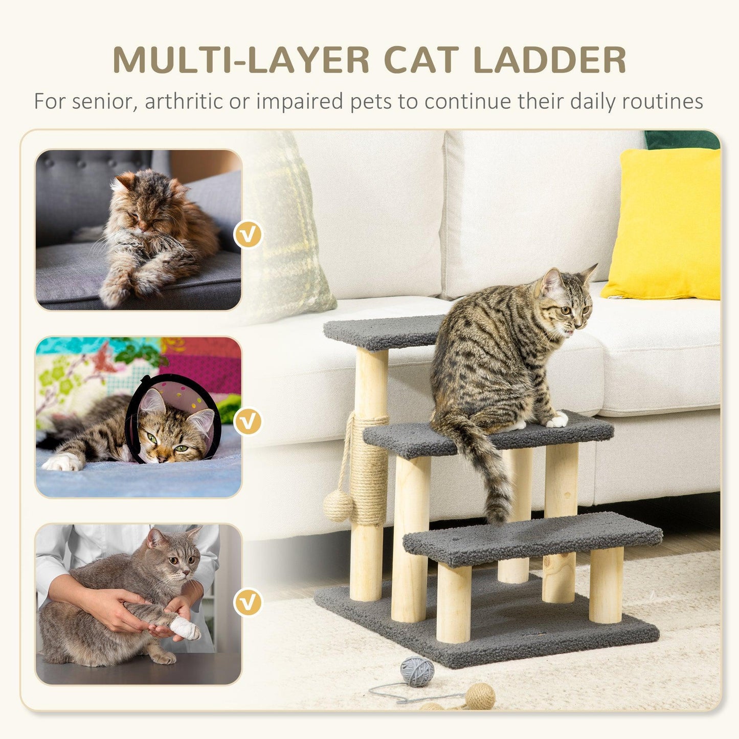 PawHut 3-Tier Cat Tree with Toy Ball - Grey - ALL4U RETAILER LTD