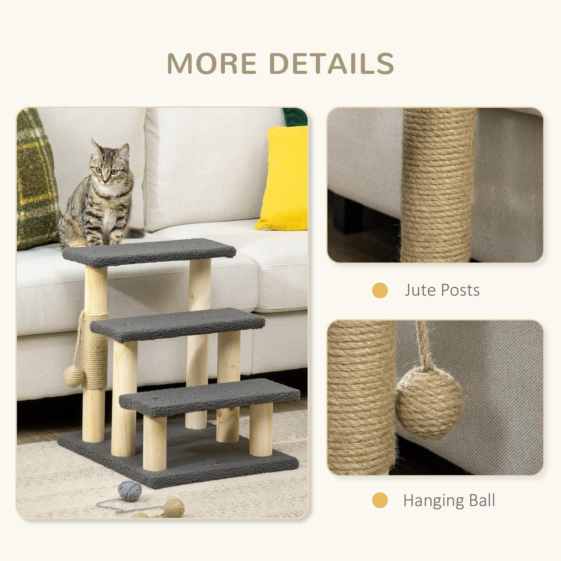 PawHut 3-Tier Cat Tree with Toy Ball - Grey - ALL4U RETAILER LTD