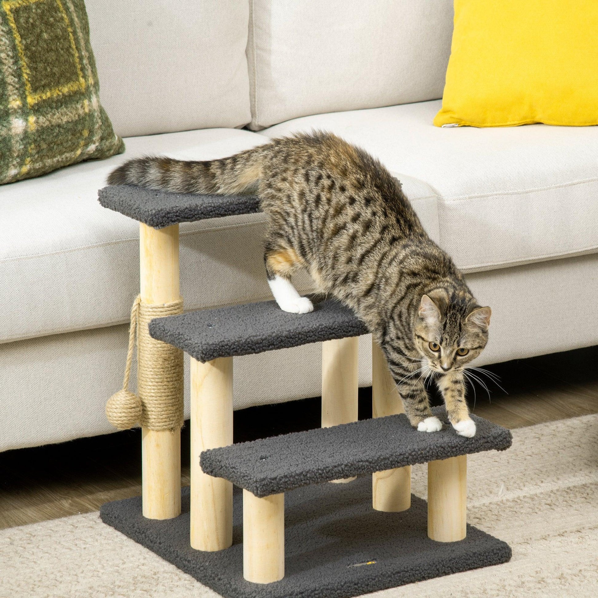 PawHut 3-Tier Cat Tree with Toy Ball - Grey - ALL4U RETAILER LTD