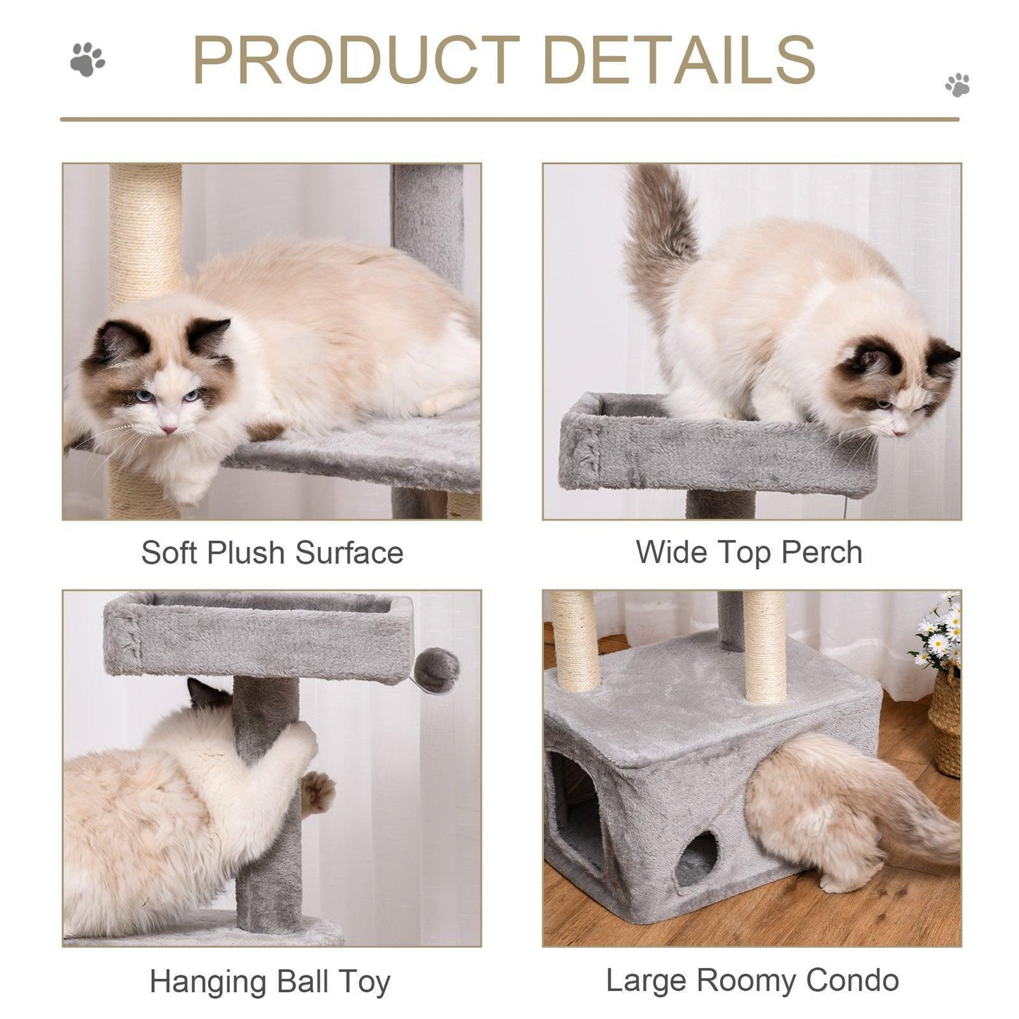 PawHut 4-Level Cat Tree: Grey, Condo, Perches, Toys - ALL4U RETAILER LTD