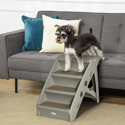 PawHut 4-Step Pet Stairs, Ideal for Cats & Small Dogs, Non-slip, Grey - ALL4U RETAILER LTD