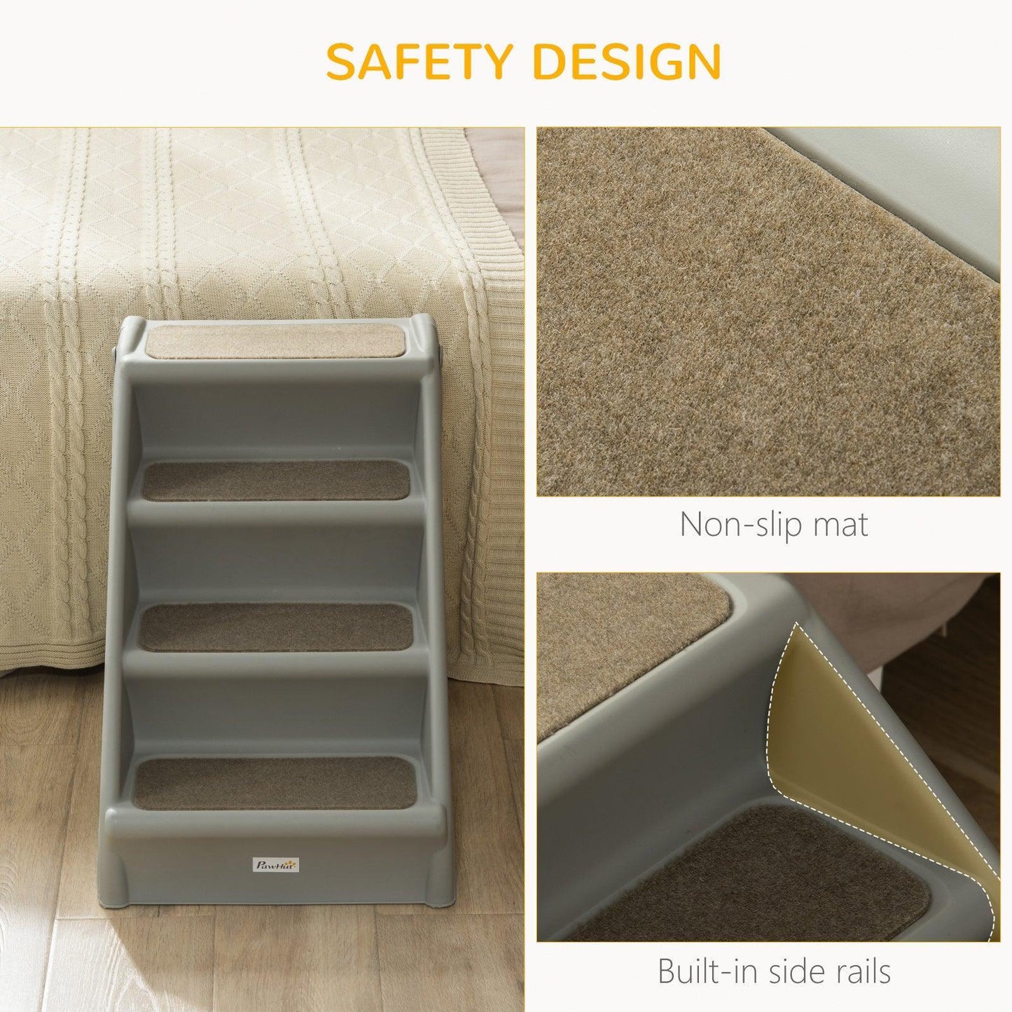 PawHut 4-Step Pet Stairs, Ideal for Cats & Small Dogs, Non-slip, Grey - ALL4U RETAILER LTD