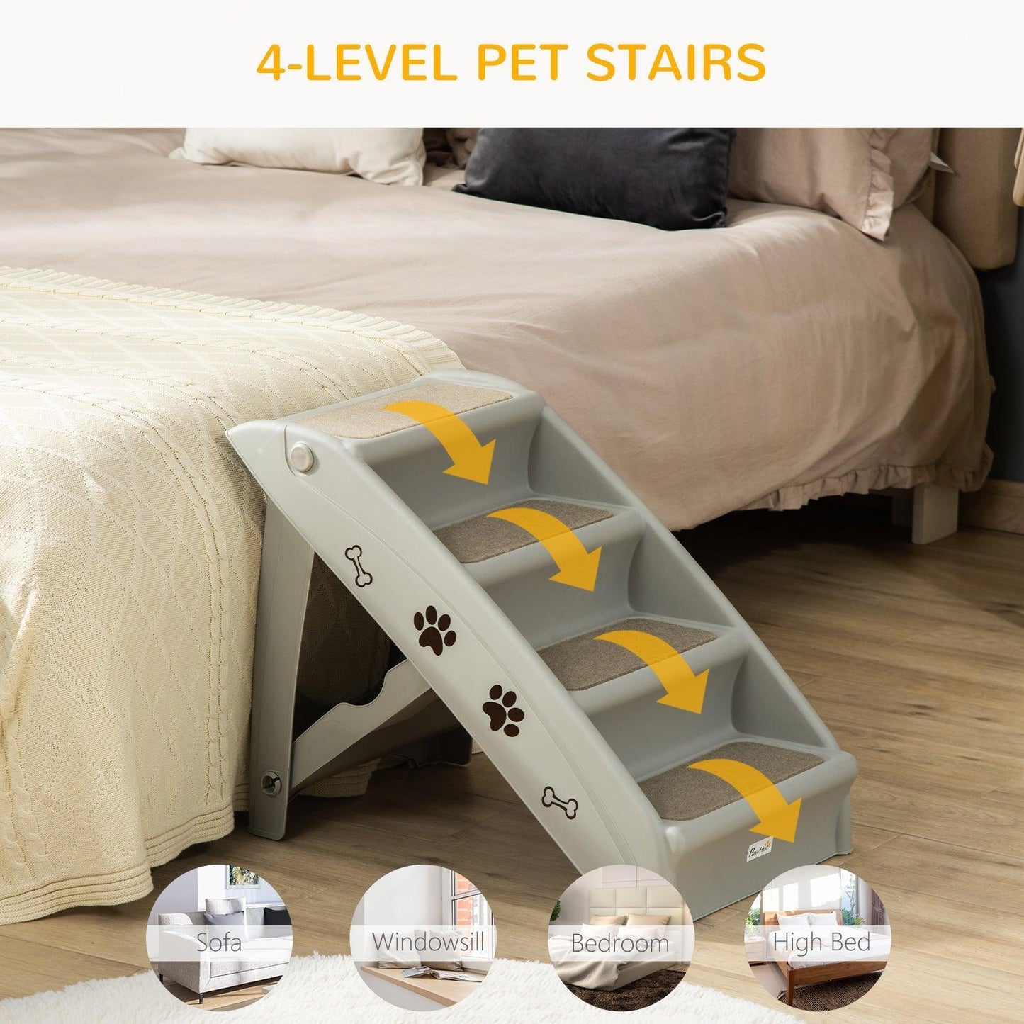 PawHut 4-Step Pet Stairs, Ideal for Cats & Small Dogs, Non-slip, Grey - ALL4U RETAILER LTD