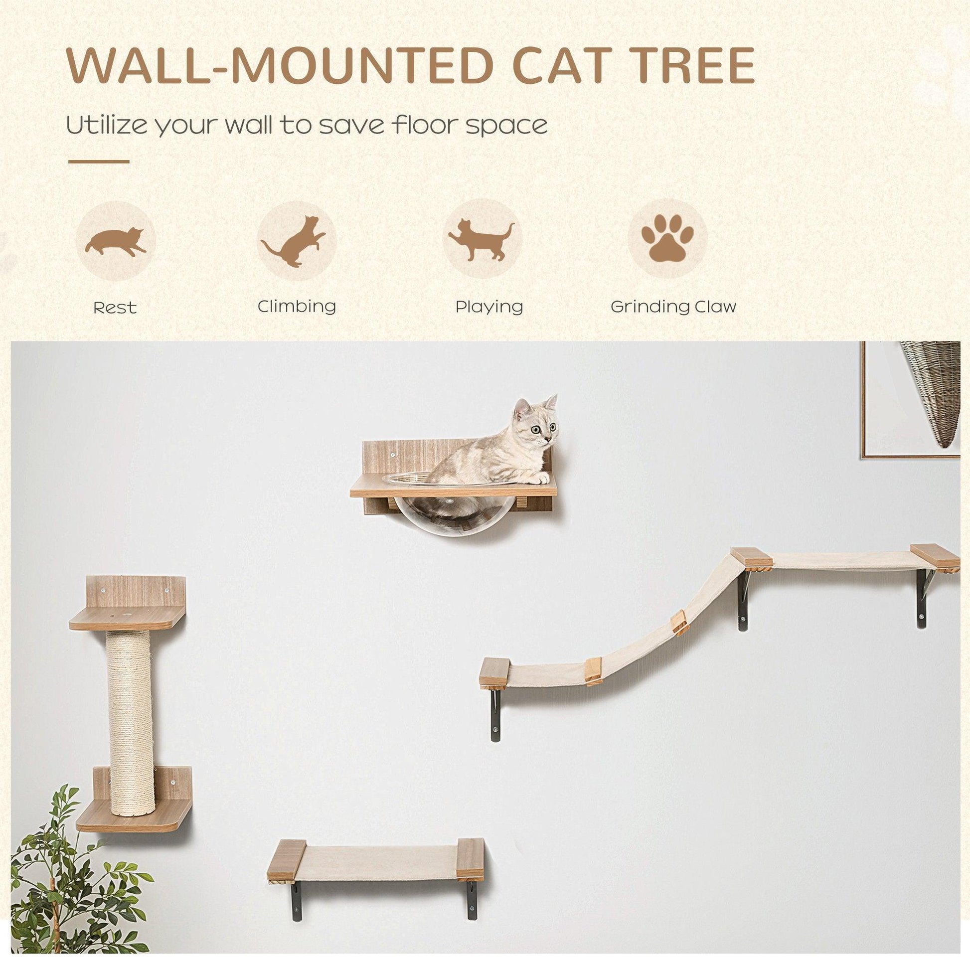 PawHut 4PCs Wall Cat Climbing Shelf Set - ALL4U RETAILER LTD