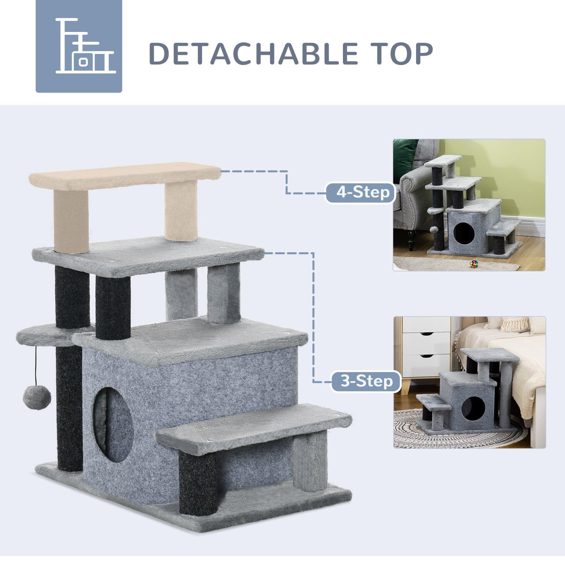 PawHut Adjustable Height Cat Stairs for Bed - Grey - ALL4U RETAILER LTD