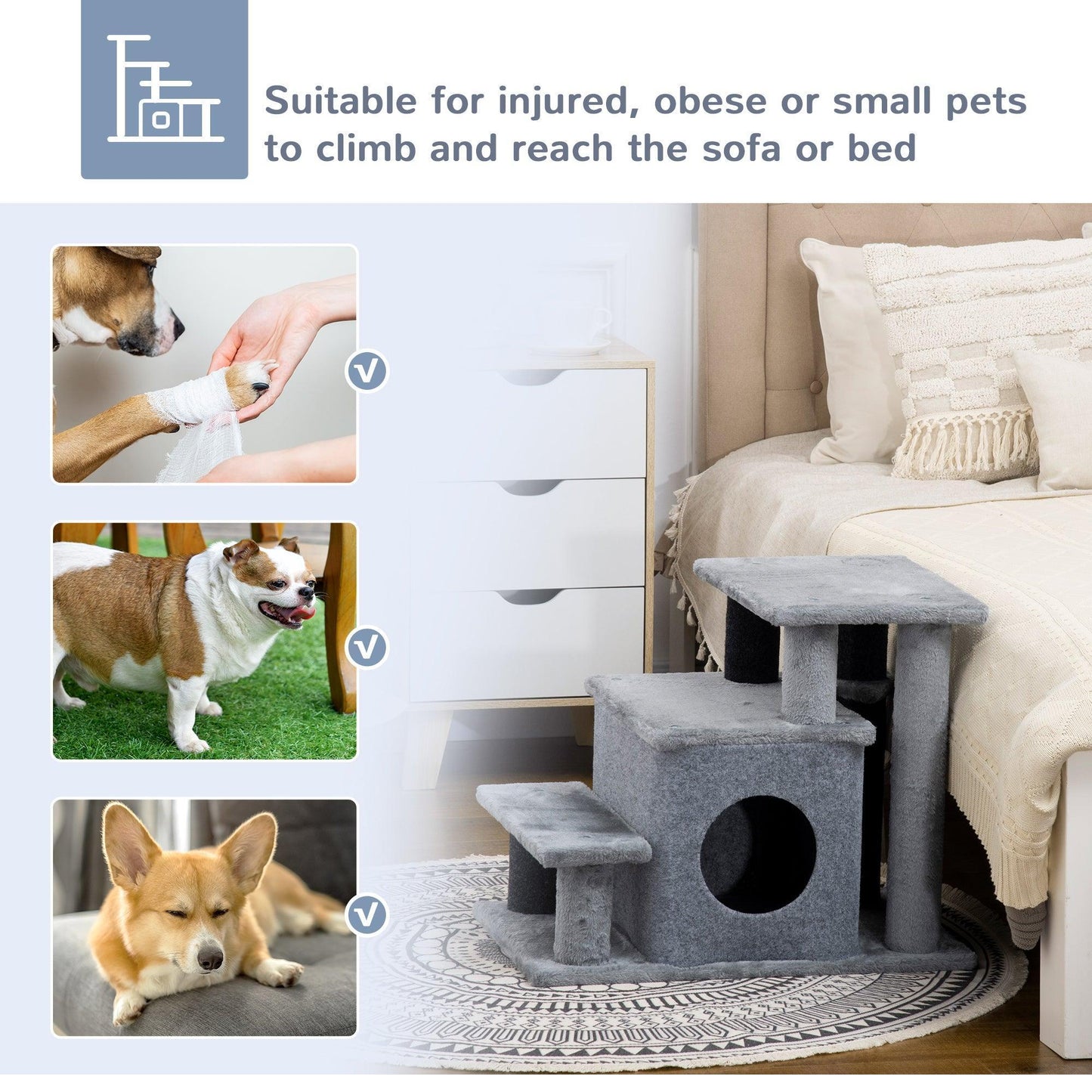 PawHut Adjustable Height Cat Stairs for Bed - Grey - ALL4U RETAILER LTD