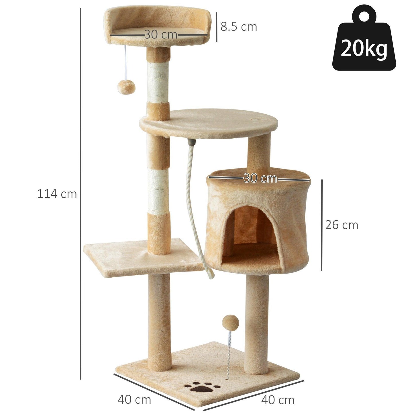 PawHut Beige Cat Tree House, 114H cm - ALL4U RETAILER LTD