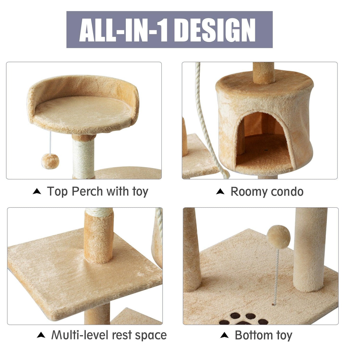 PawHut Beige Cat Tree House, 114H cm - ALL4U RETAILER LTD