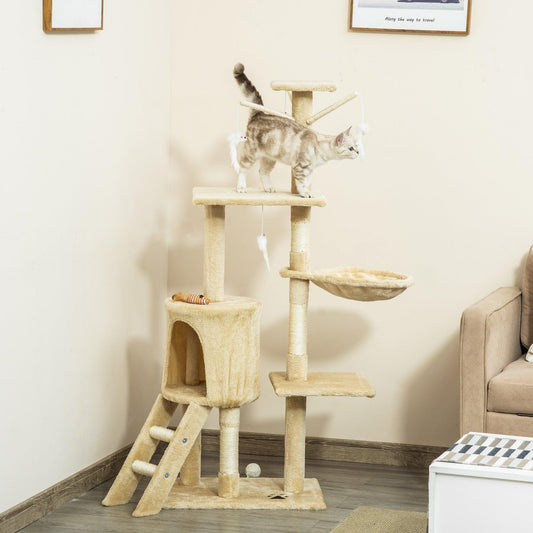 PawHut Beige Cat Tree House, 131H cm - ALL4U RETAILER LTD