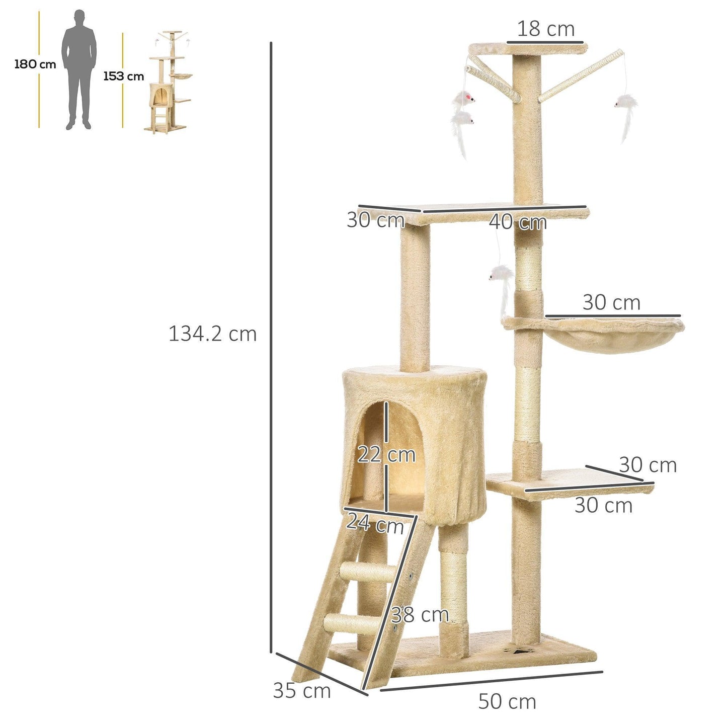 PawHut Beige Cat Tree House, 131H cm - ALL4U RETAILER LTD