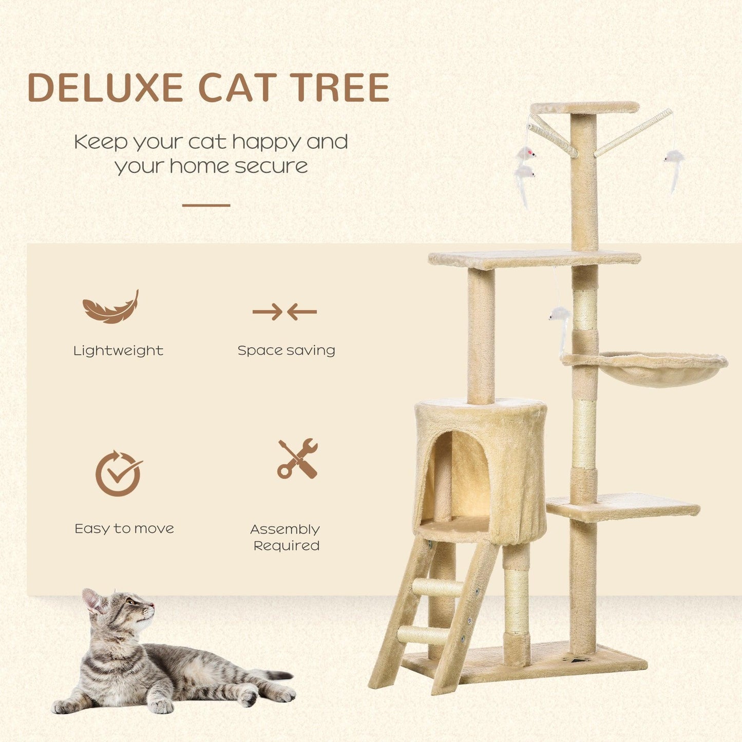 PawHut Beige Cat Tree House, 131H cm - ALL4U RETAILER LTD