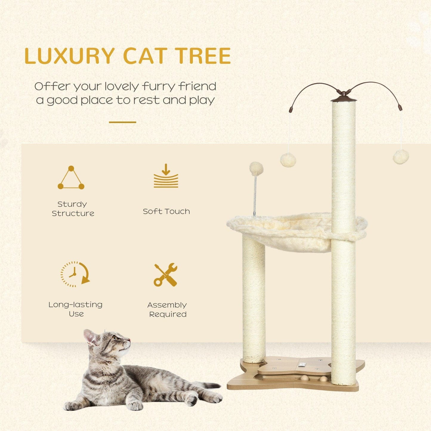 PawHut Beige Cat Tree with Hammock - ALL4U RETAILER LTD