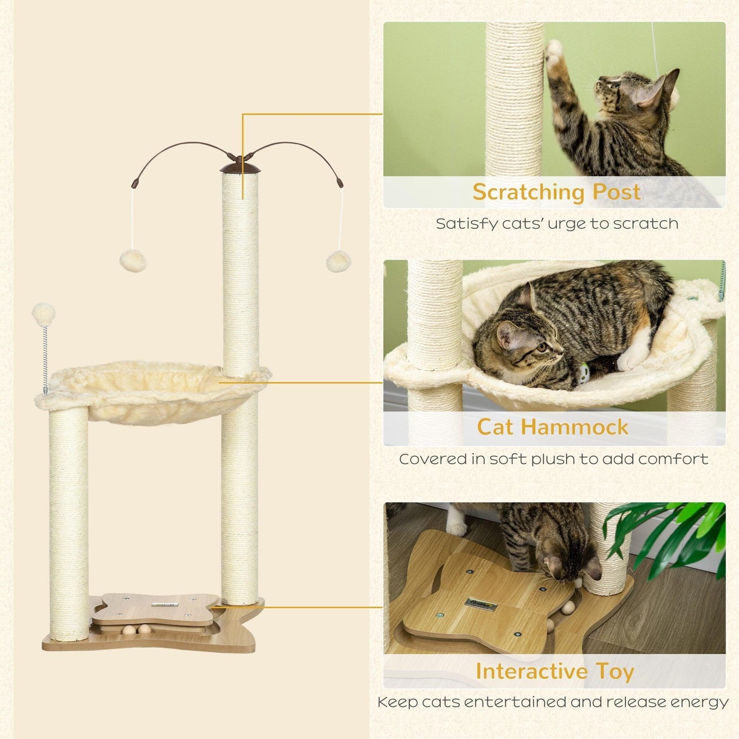 PawHut Beige Cat Tree with Hammock - ALL4U RETAILER LTD