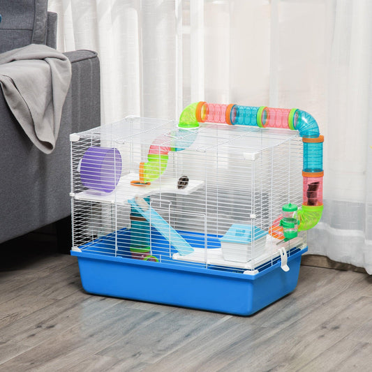 PawHut Blue Hamster Cage with Tube Tunnel, 3 Levels - ALL4U RETAILER LTD
