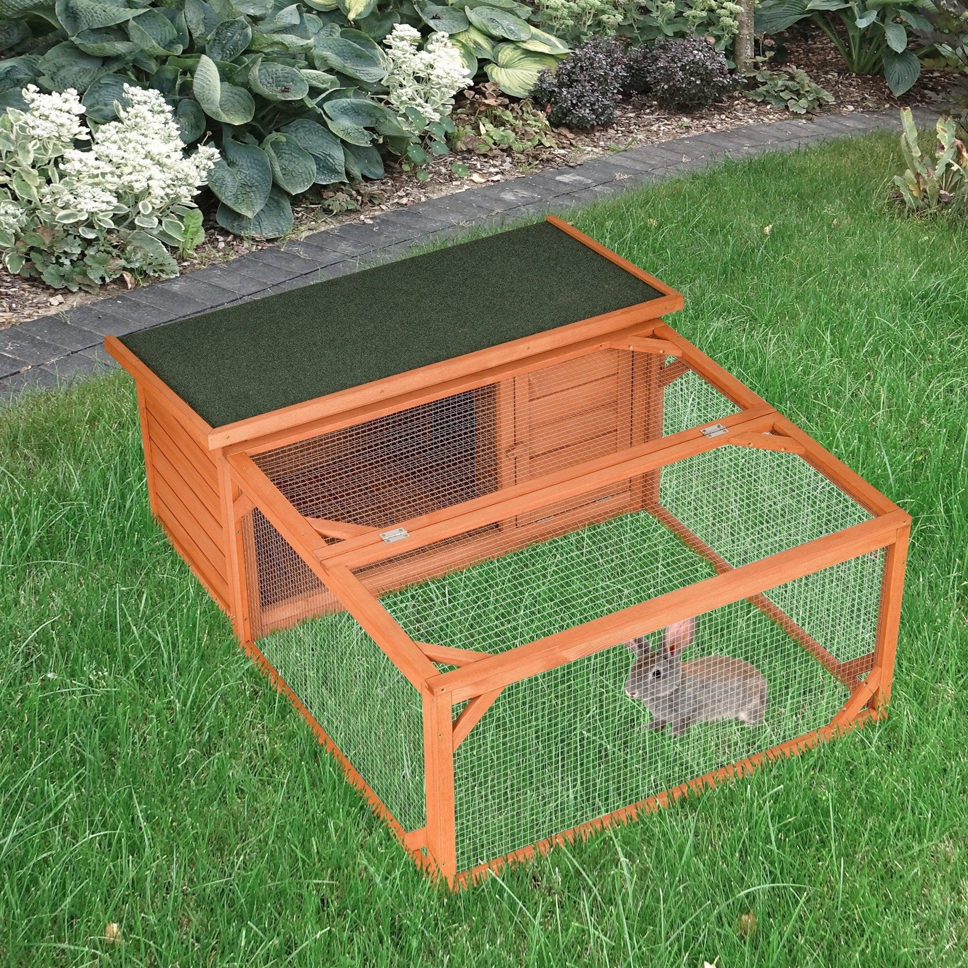 PawHut Bunny Hutch with Run | Orange | 125.5 x 100cm - ALL4U RETAILER LTD