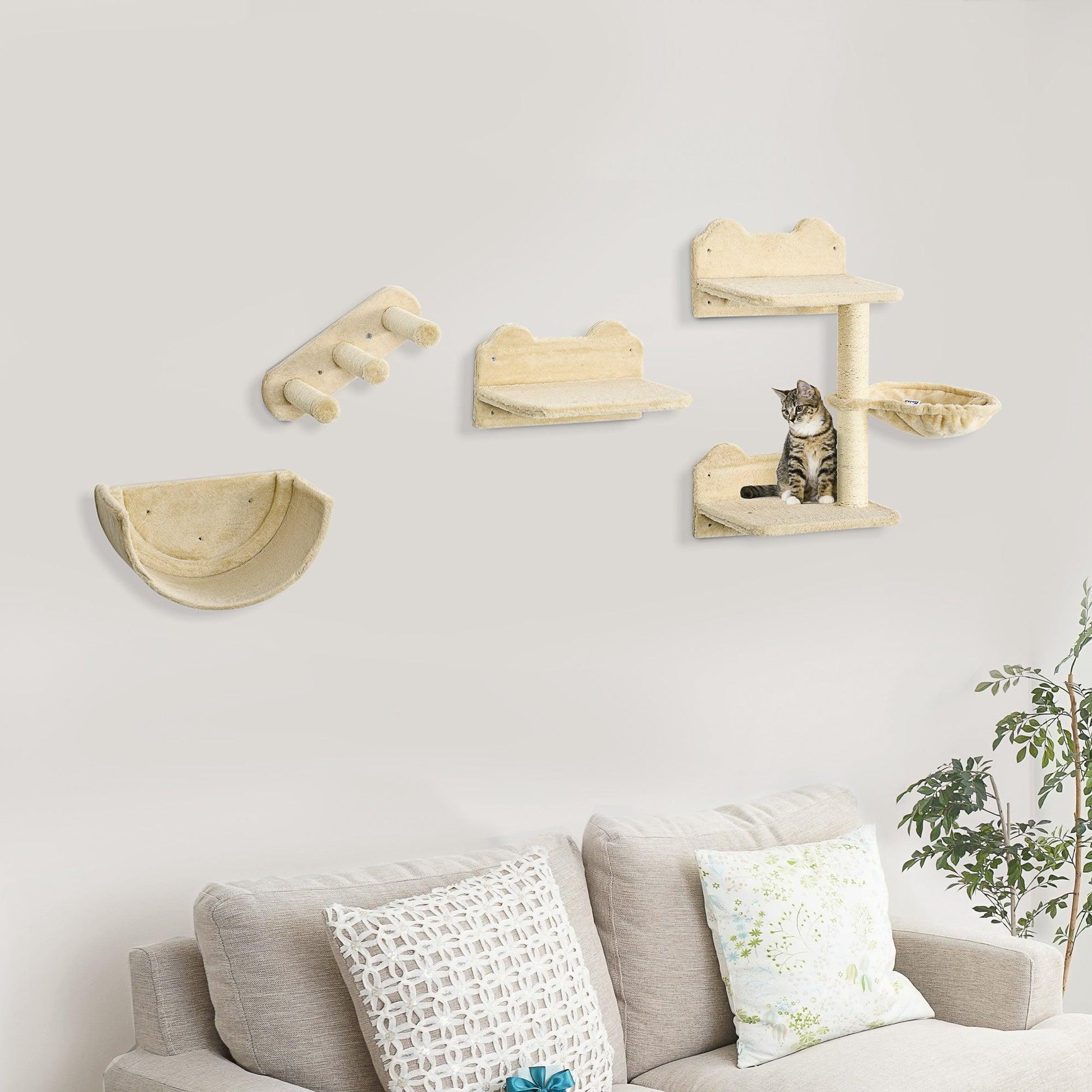 PawHut Cat Climbing Shelf Set: Wall-mounted, Beige - ALL4U RETAILER LTD