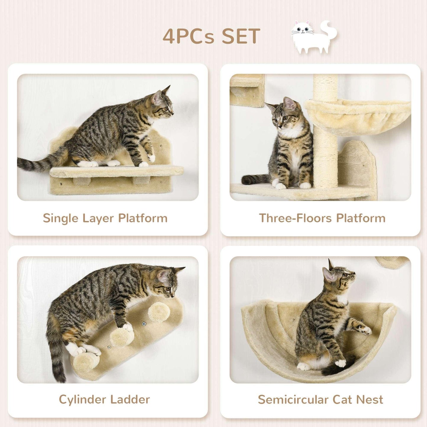 PawHut Cat Climbing Shelf Set: Wall-mounted, Beige - ALL4U RETAILER LTD