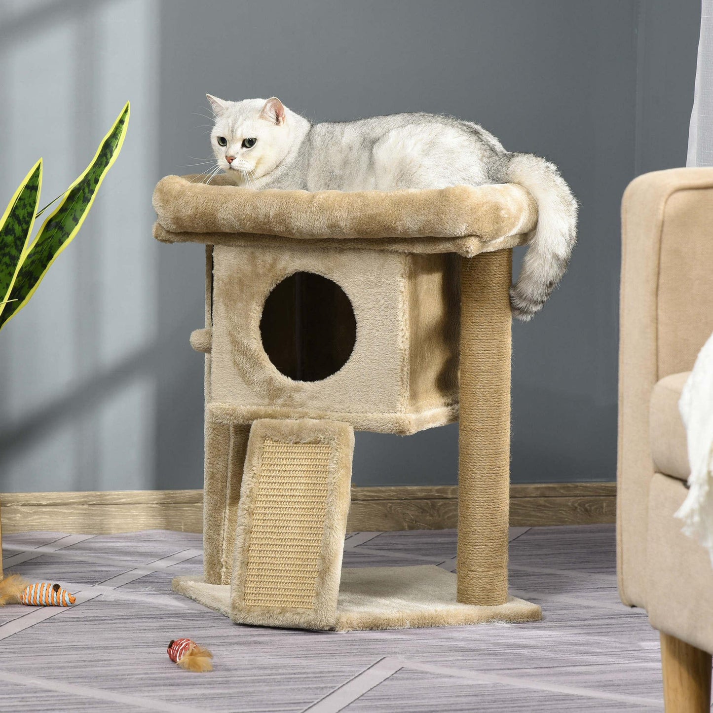 PawHut Cat Climbing Tower with Toy and Scratching Pad - ALL4U RETAILER LTD