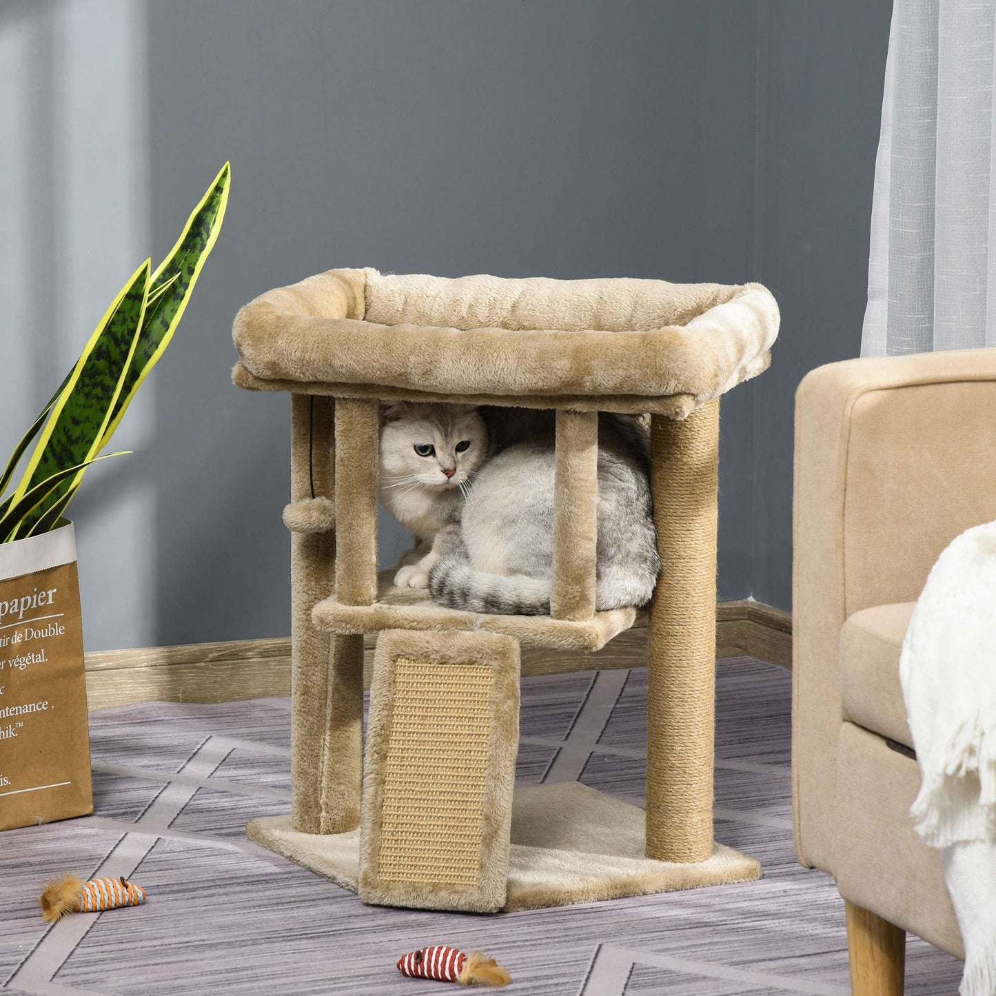 PawHut Cat Climbing Tower with Toy and Scratching Pad - ALL4U RETAILER LTD