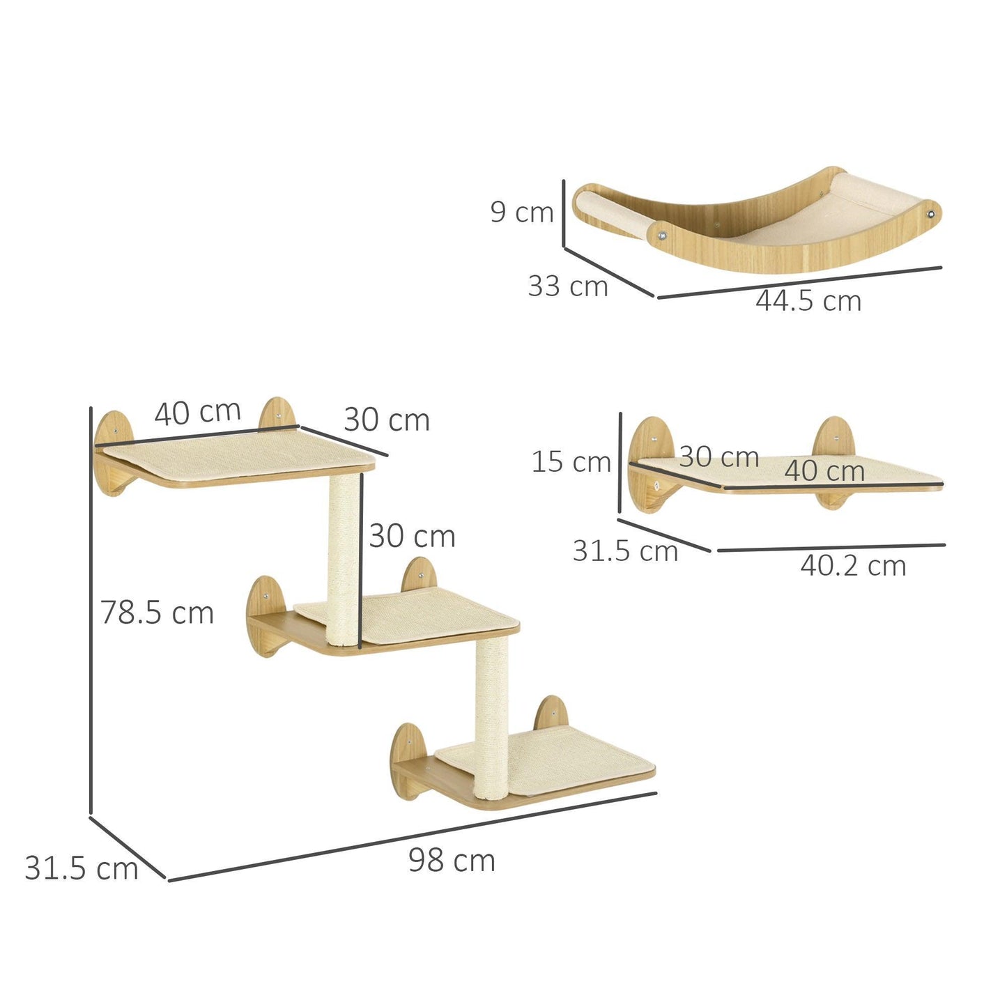 PawHut Cat Climbing Wall Shelf Set with Hammock and Scratching Post - ALL4U RETAILER LTD