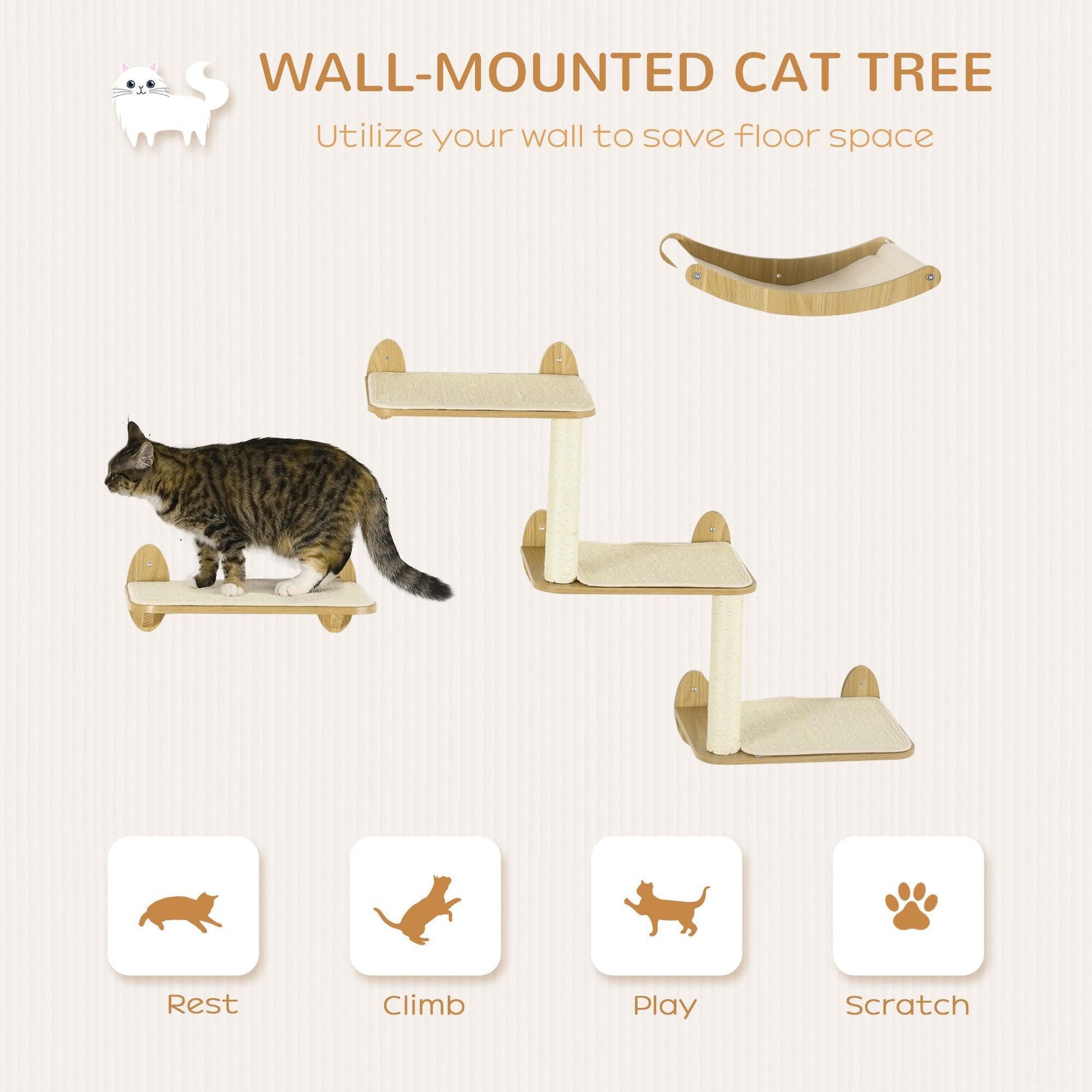 PawHut Cat Climbing Wall Shelf Set with Hammock and Scratching Post - ALL4U RETAILER LTD