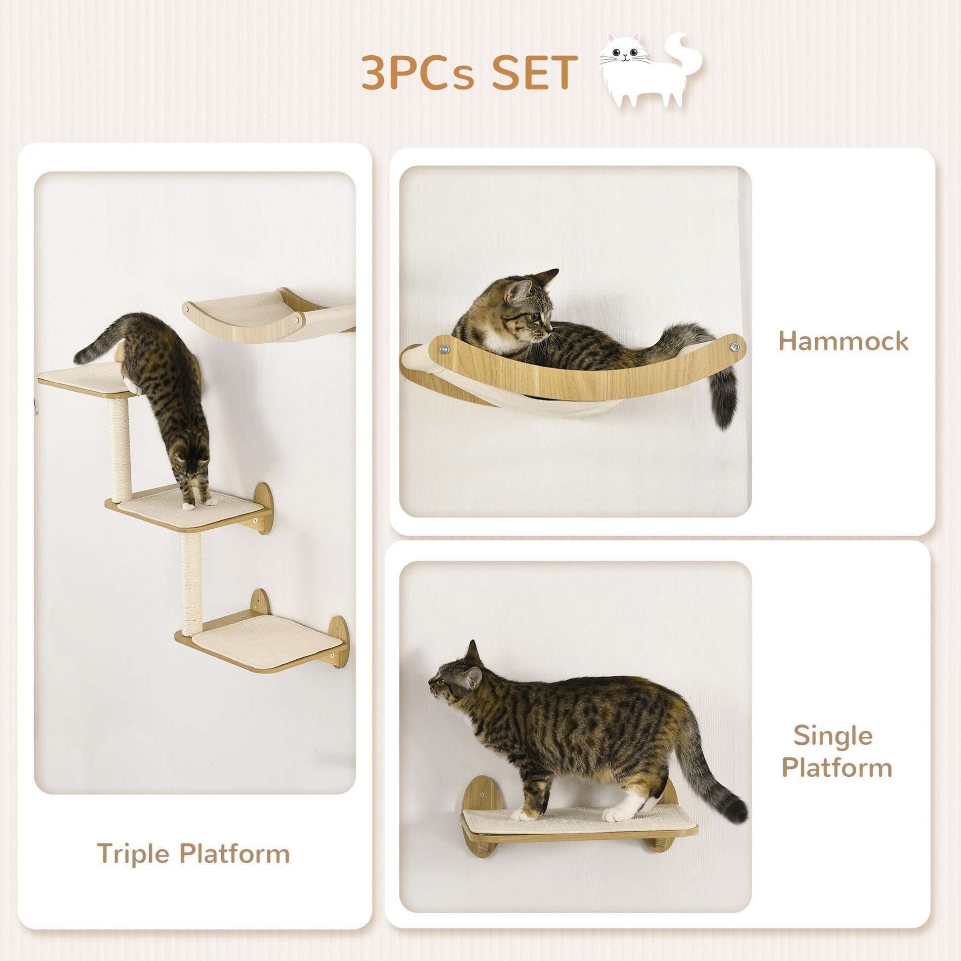 PawHut Cat Climbing Wall Shelf Set with Hammock and Scratching Post - ALL4U RETAILER LTD