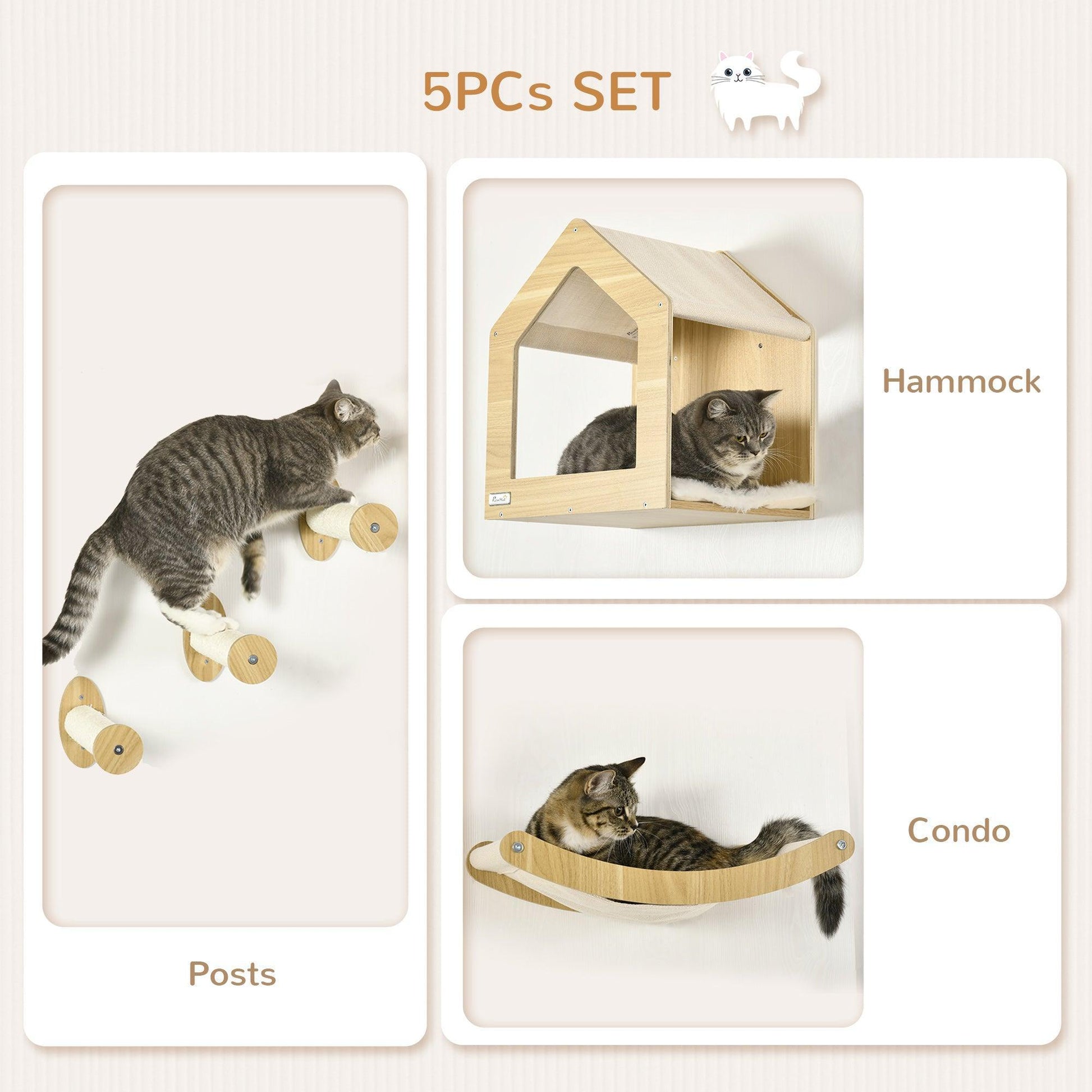 PawHut Cat Shelf Set with Hammock & Scratching Post - ALL4U RETAILER LTD