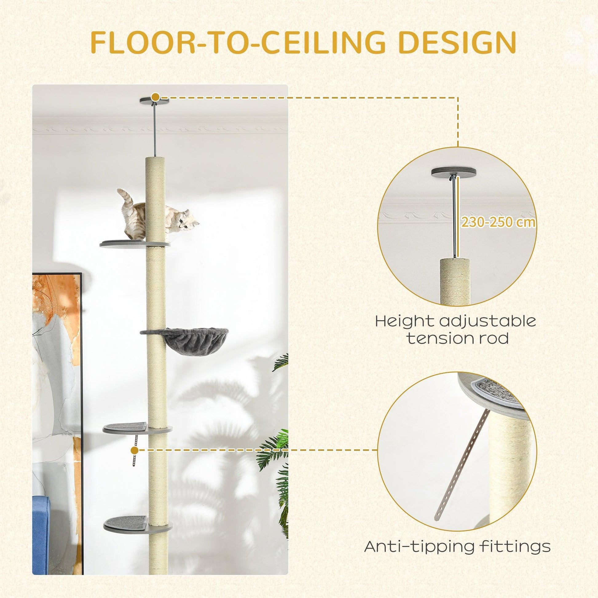 PawHut Cat Tree: Compact Floor-to-Ceiling Design - ALL4U RETAILER LTD