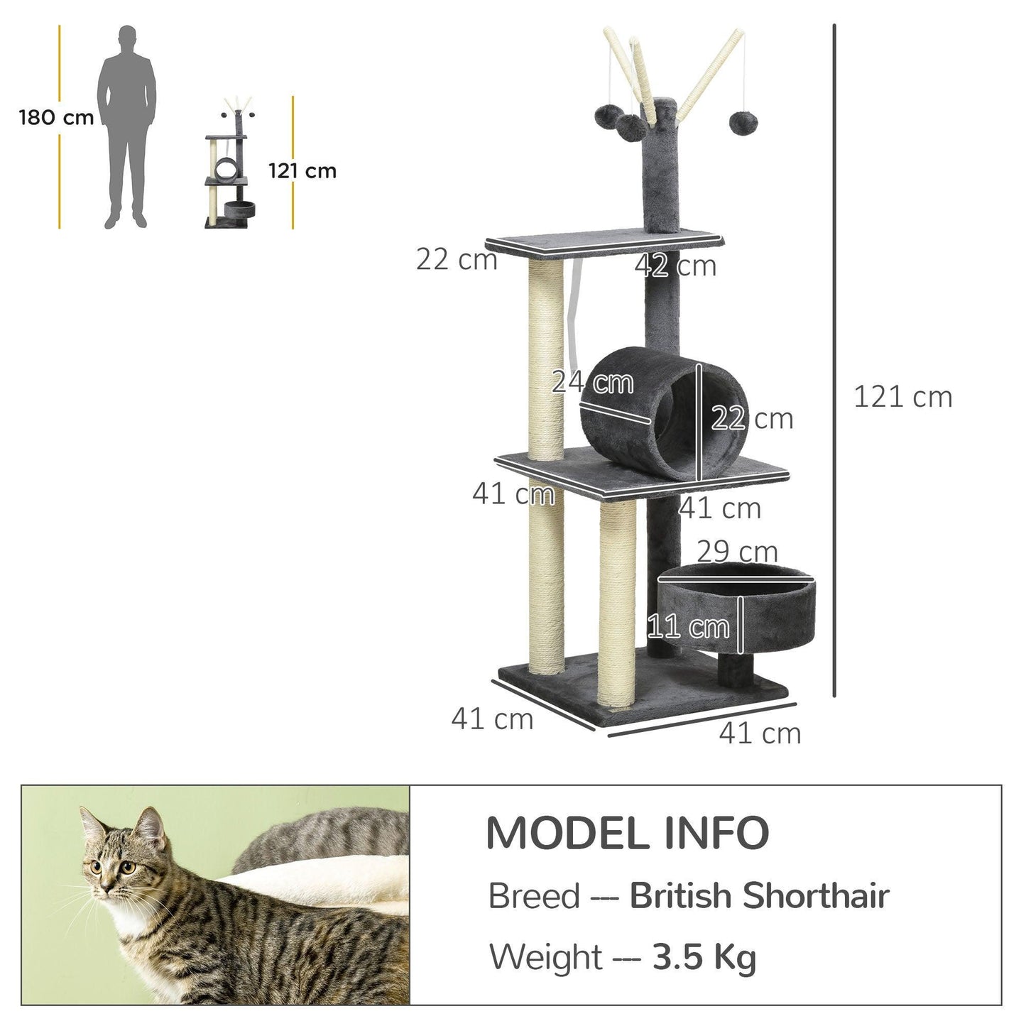 PawHut Cat Tree Tower for Indoor Cats with Bed, Tunnel, and Toy - ALL4U RETAILER LTD