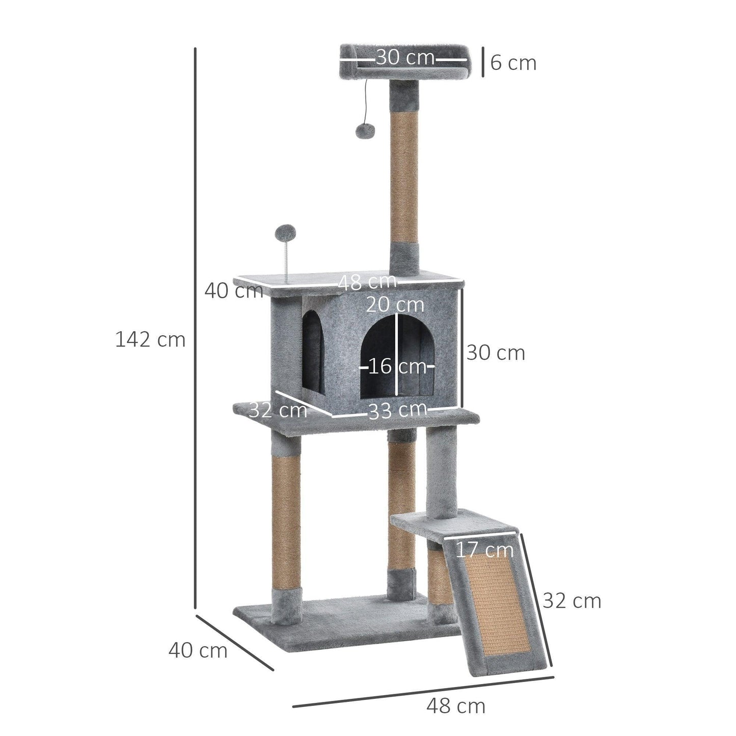 PawHut Cat Tree Tower - Gray 142cm Climbing - ALL4U RETAILER LTD