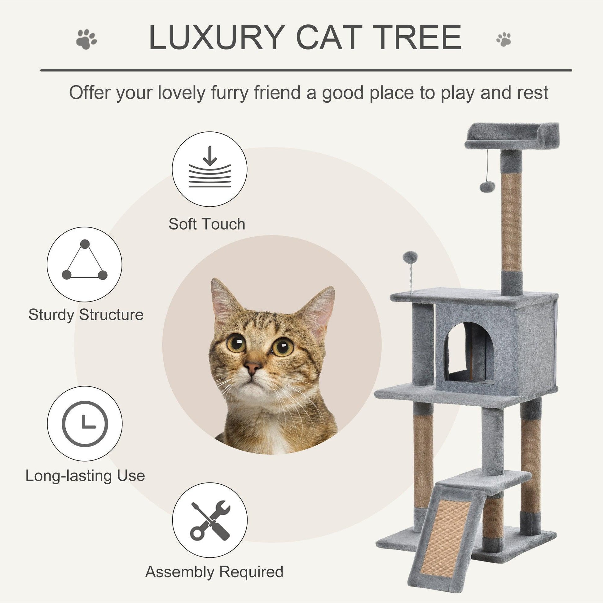 PawHut Cat Tree Tower - Gray 142cm Climbing - ALL4U RETAILER LTD