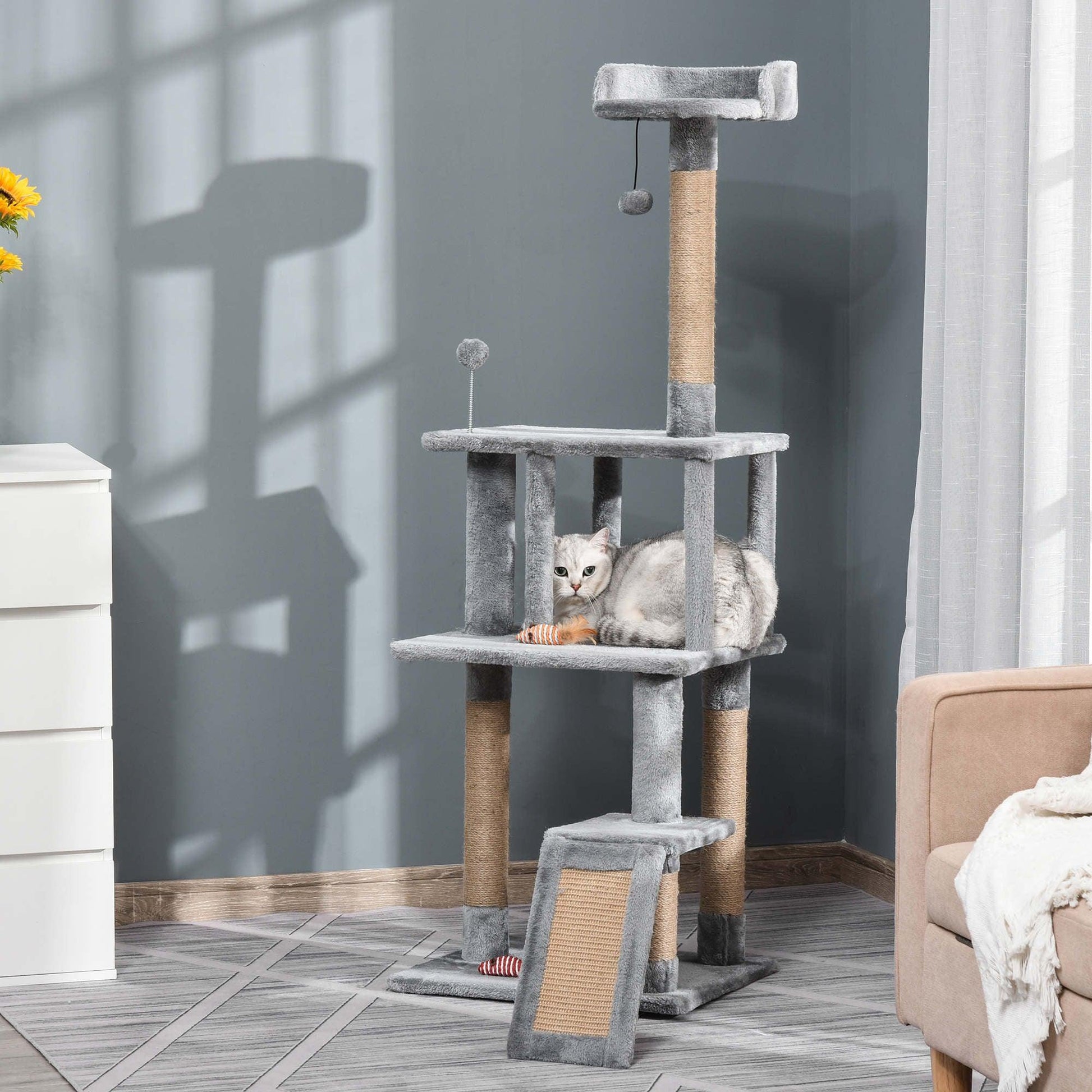 PawHut Cat Tree Tower - Gray 142cm Climbing - ALL4U RETAILER LTD