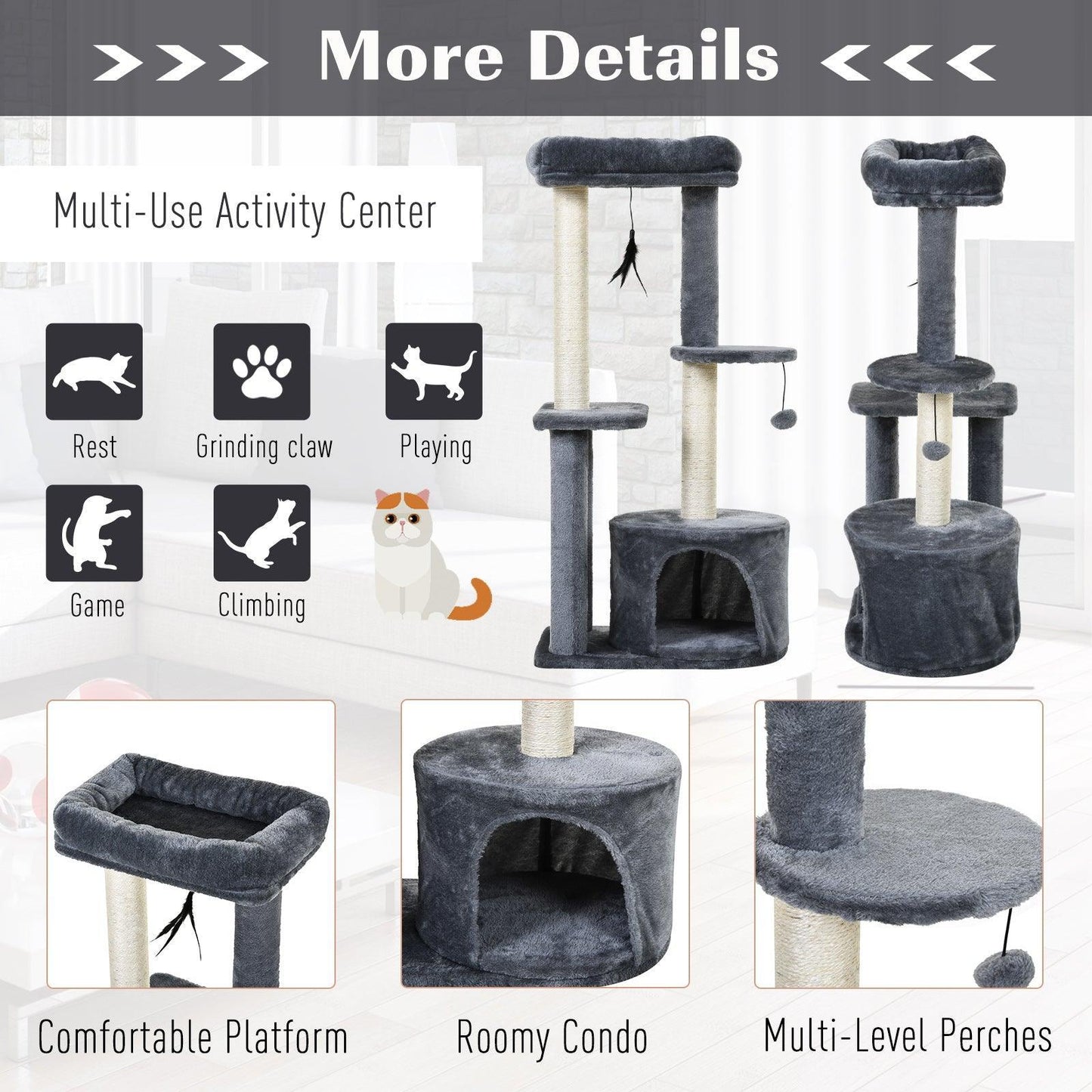 PawHut Cat Tree Tower: Multi-Activity Perch & Scratching - ALL4U RETAILER LTD