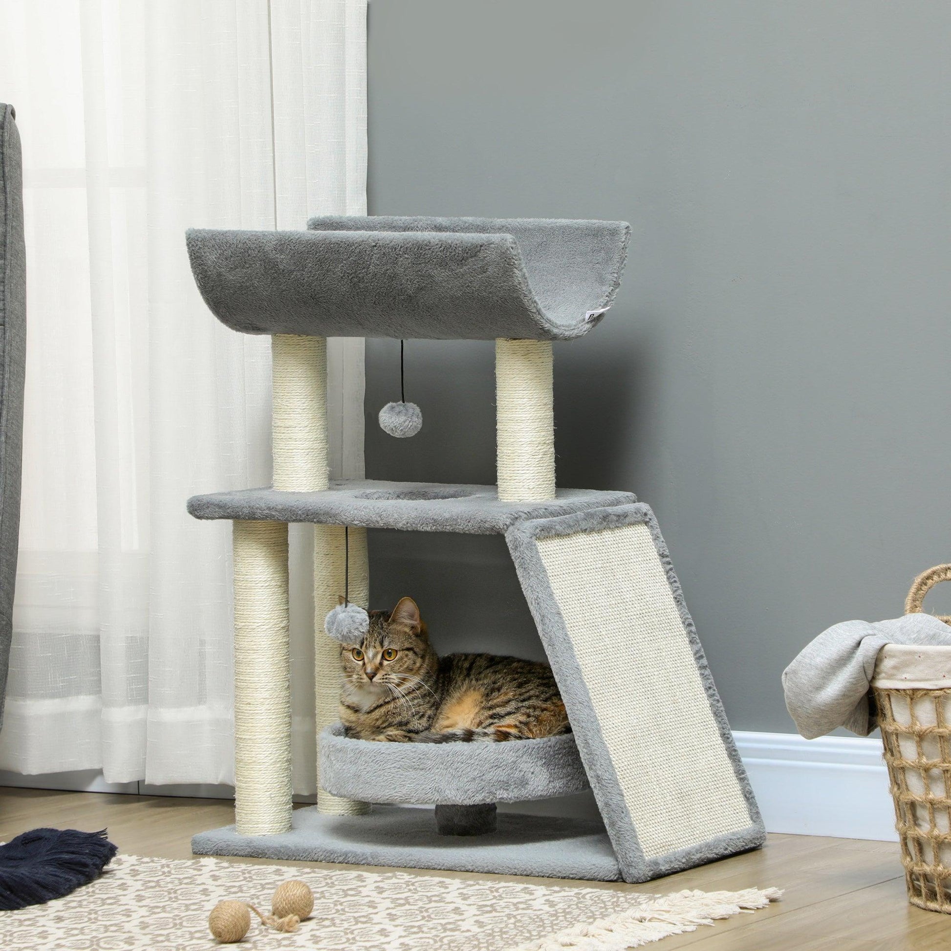 PawHut Cat Tree Tower with Posts, Bed, and Toy, Light Grey - ALL4U RETAILER LTD