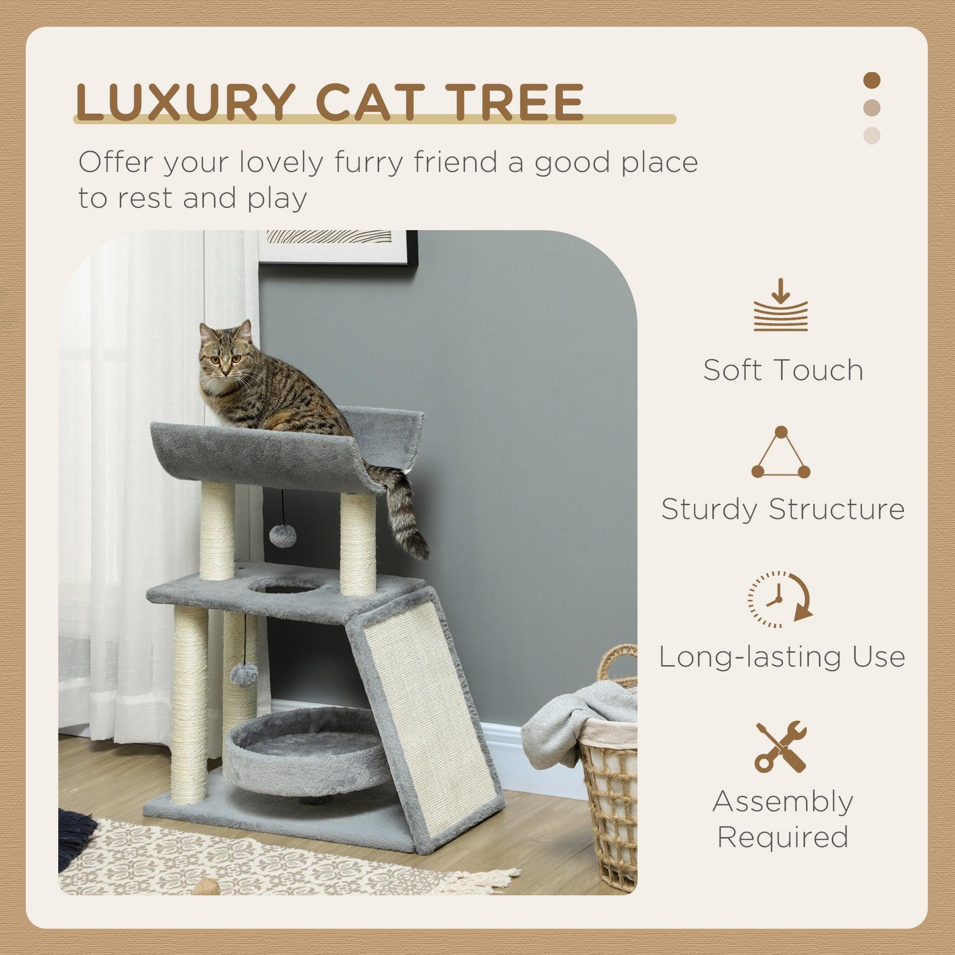 PawHut Cat Tree Tower with Posts, Bed, and Toy, Light Grey - ALL4U RETAILER LTD