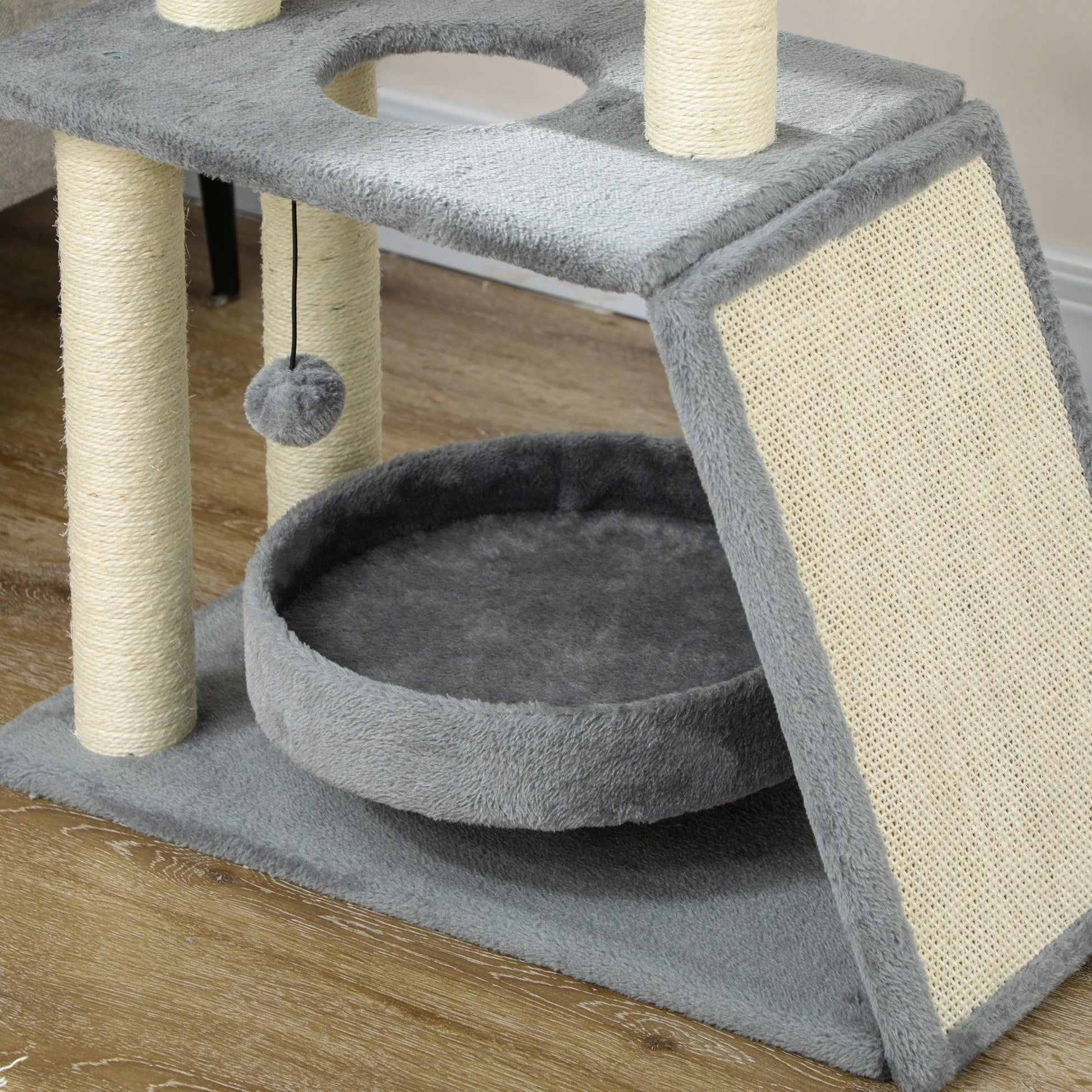 PawHut Cat Tree Tower with Posts, Bed, and Toy, Light Grey - ALL4U RETAILER LTD