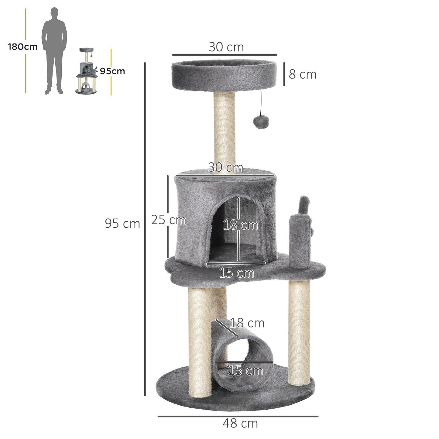 PawHut Cat Tree Tower with Scratching Post and Hanging Balls - ALL4U RETAILER LTD