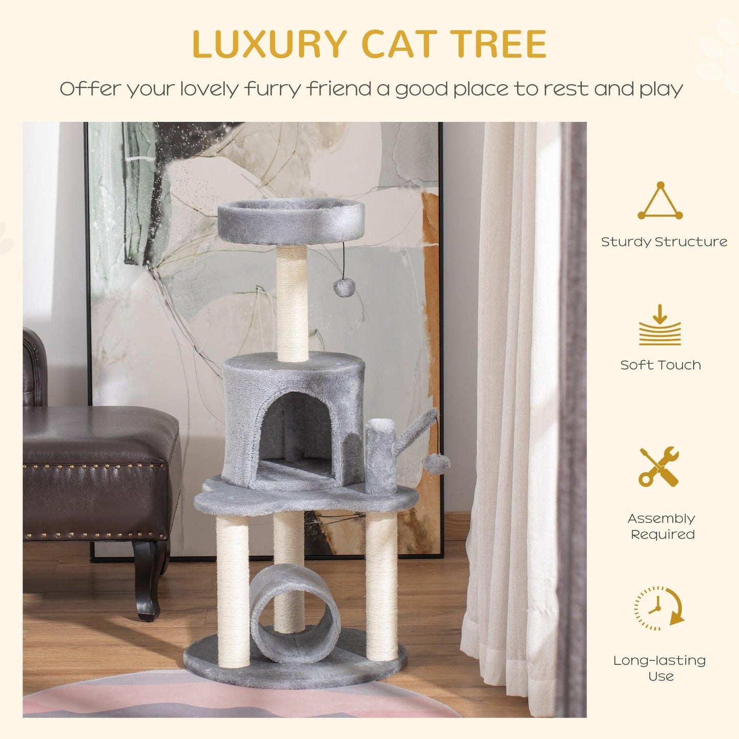 PawHut Cat Tree Tower with Scratching Post and Hanging Balls - ALL4U RETAILER LTD