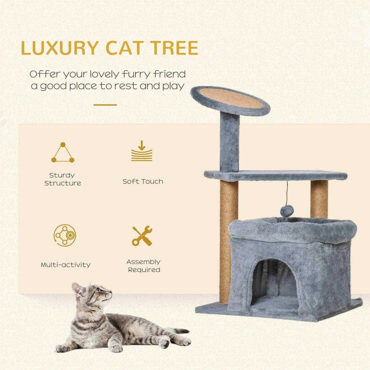 PawHut Cat Tree Tower with Scratching Posts - Grey - ALL4U RETAILER LTD