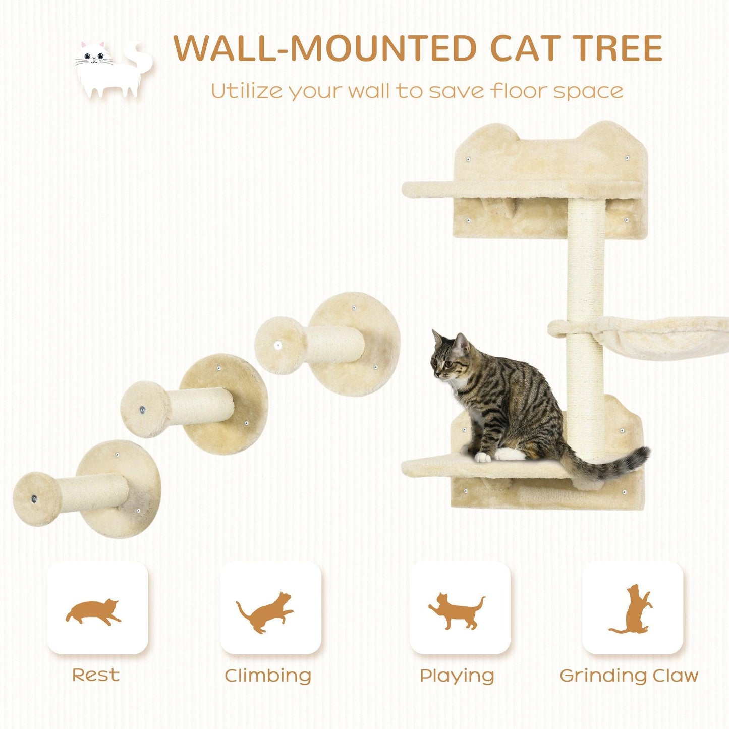 PawHut Cat Wall Furniture - Hammock, Steps, Platforms - ALL4U RETAILER LTD