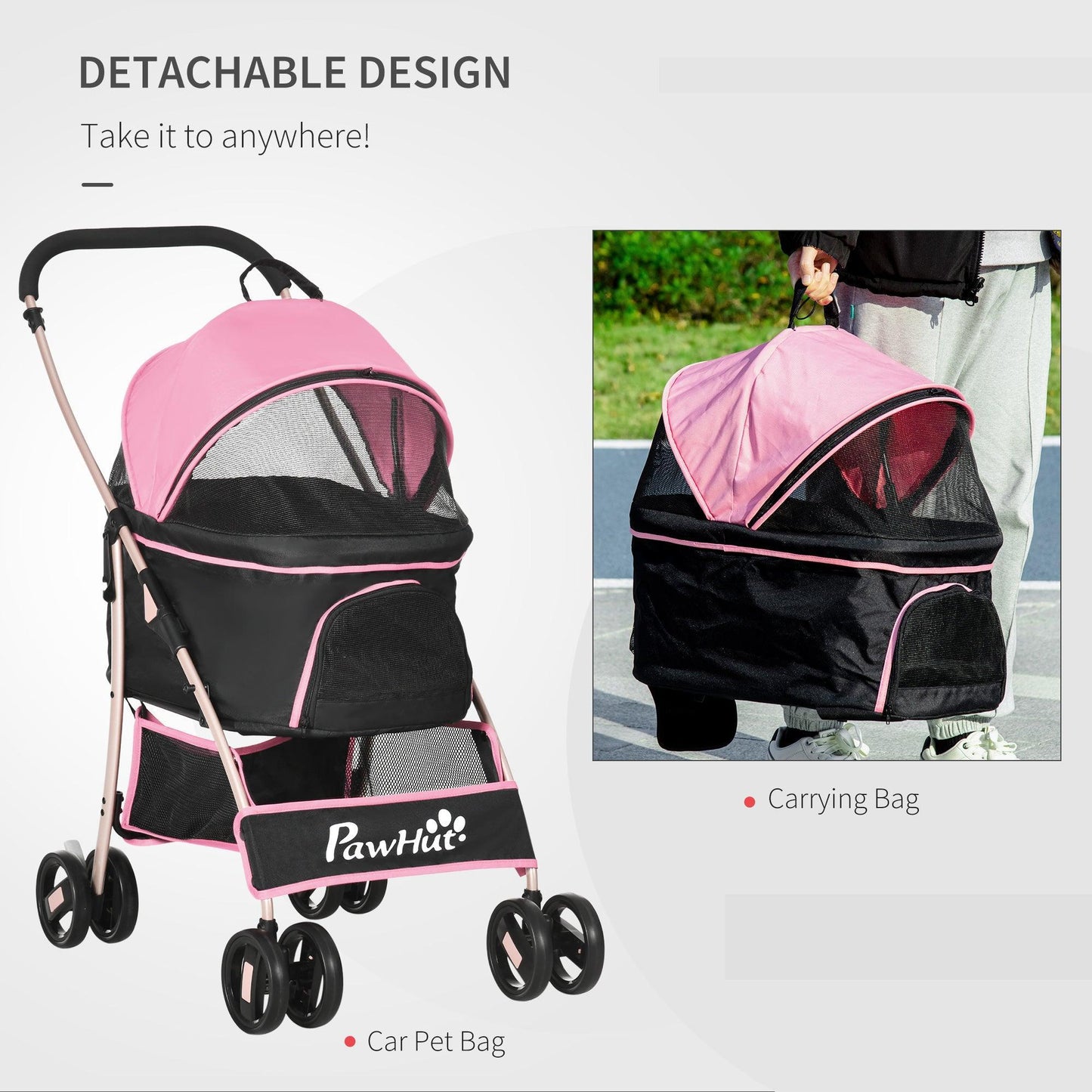 PawHut Pet Stroller: Foldable 3-In-1 Travel Carriage (Pink) - ALL4U RETAILER LTD