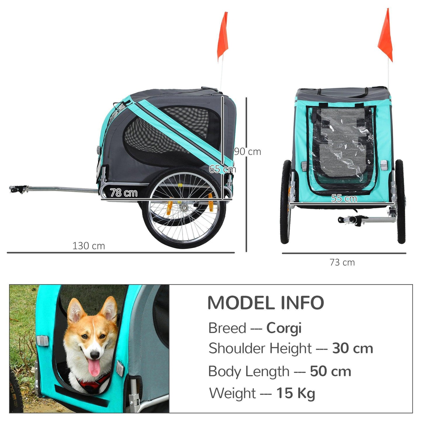 Pawhut Dog Bike Trailer - Green & Grey - ALL4U RETAILER LTD